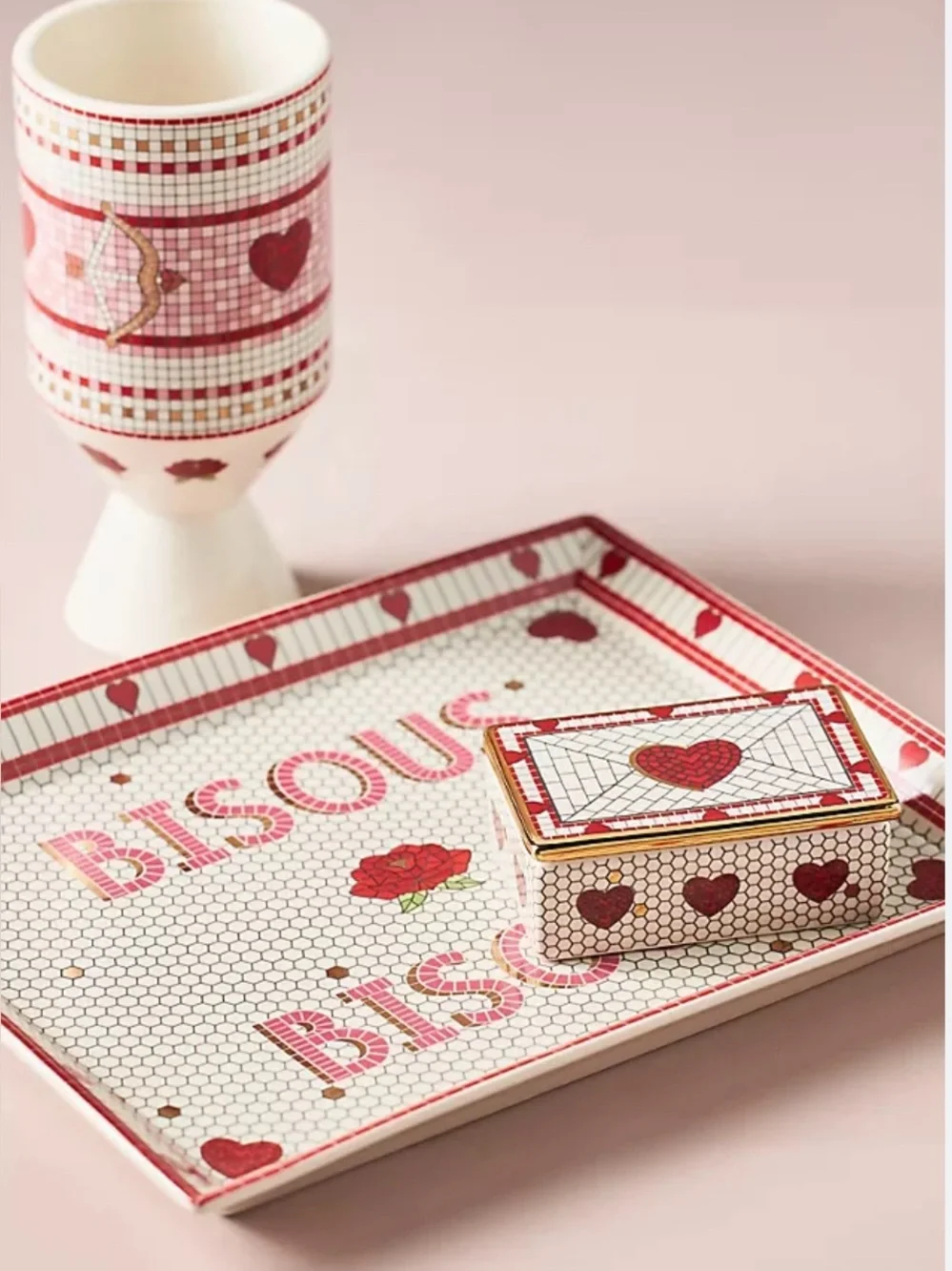 New! Bistro Tile Stoneware 24k Gold Accent Vanity Tray: Valentine's Edition